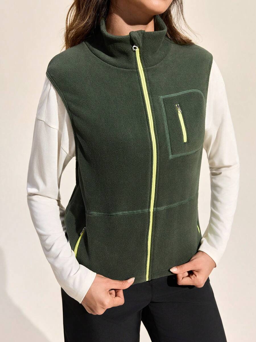 Exploreva Women's Stand Collar Zipper Front Casual Versatile Autumn/Winter Outdoor Vest Jacket - Green - View 1