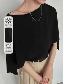 FRIFUL Women's Off-Shoulder Loose Batwing T-Shirt, Solid Black, Casual & Versatile Summer Wear - Black - View 5