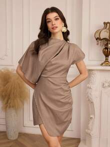 Modelyn Women's Fashionable Minimalist Elegant Daily Commute Dress With Ruffle Trim And Metal Decor, Casual Short Style - Brown - View 3