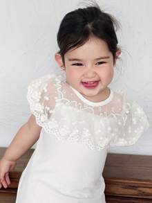 DAZY Toddler Girls' Round Neck Ruffle Trim Casual Top, Spring/Summer, Korean Style - White - View 3