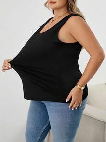 SHEIN CURVE+ 大码夏季纯色简约修身背心，镂空性感外出上衣，女士秋冬装，CURVE PLUS - 彩色 - 查看 4