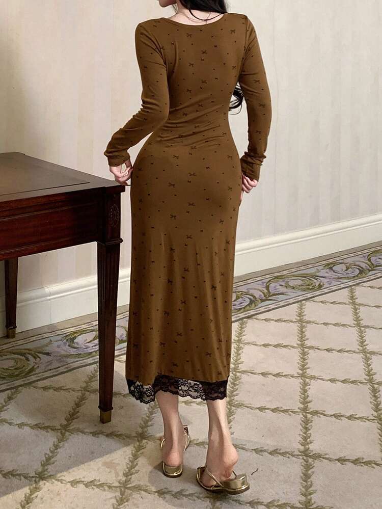 Women's Long Nightgown With Bow Print, Contrast Color Lace Patchwork, Waist Cinched, Suitable For Autumn/Winter