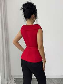 Elenzga 女士优雅休闲通勤度假下午茶情人节派对纯色红色V领大翻领开襟双排扣口袋暗扣腰带修身短款衬衫，春夏款 - 紅色 - 查看 2