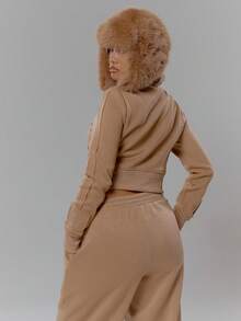 MUSERA High Neck Zip Through Washed Effect Fitted Sweatshirt Tracksuit Top Only Streetwear Coolgirl Winter Sexy Casual Odd Drift - Khaki - View 2