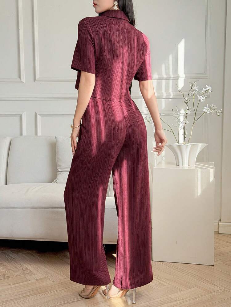 Women's Casual Striped Textured Faux Pocket Shirt And Wide Leg Pants 2 Pieces Set, Summer Spring,Wedding Guest Dress Women