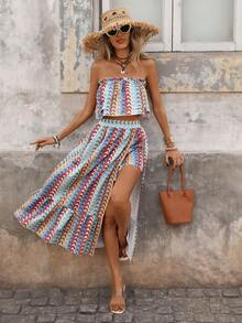 Brillora Women's Chiffon Printed Bandeau Top & Loose Skirt 2-Piece Set, Spring/Summer Vacation - Multicolor - View 3