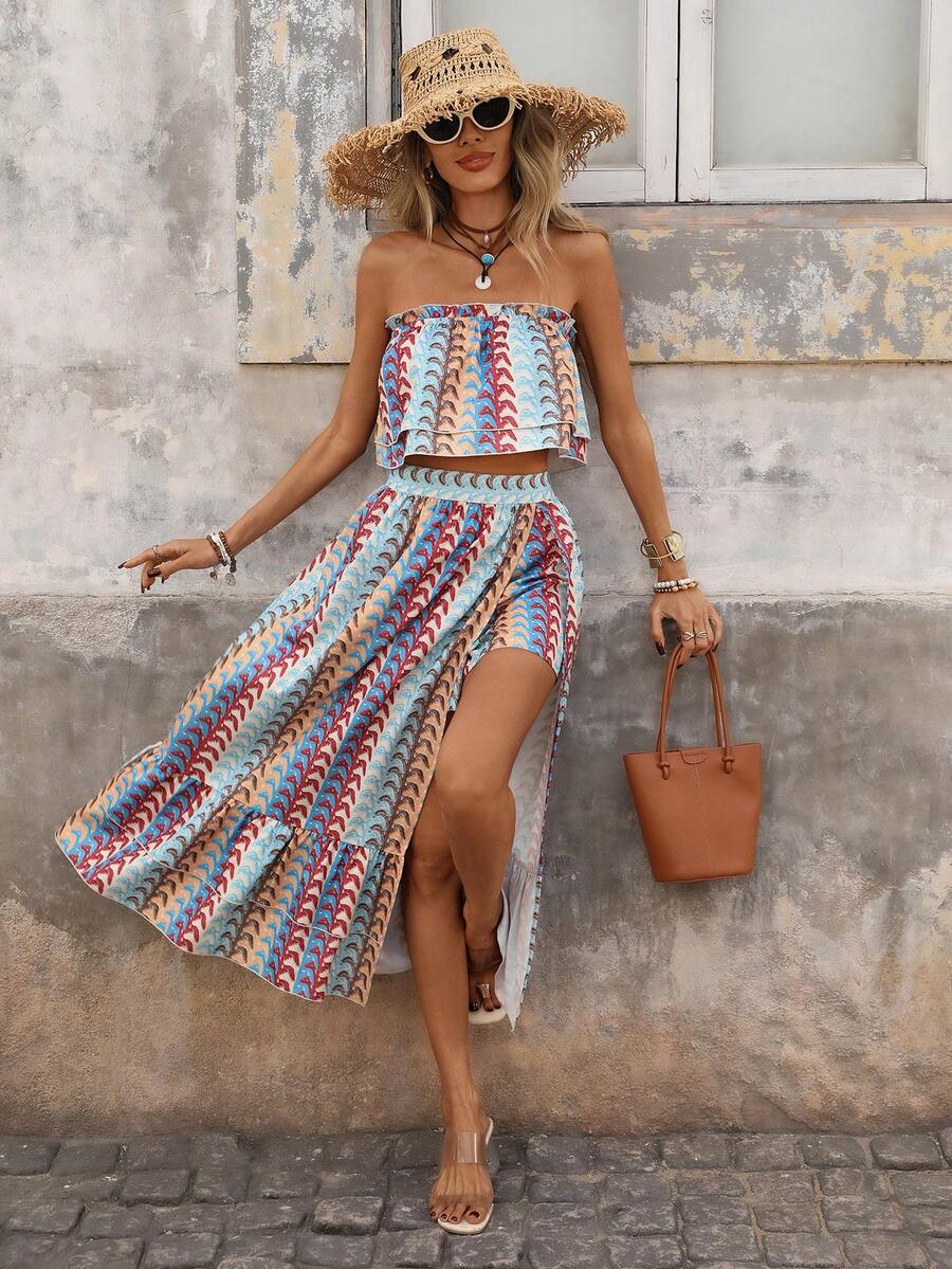 Brillora 女士雪纺印花抹胸上衣和宽松半裙两件套，春夏度假装 - 彩色 - 查看 1