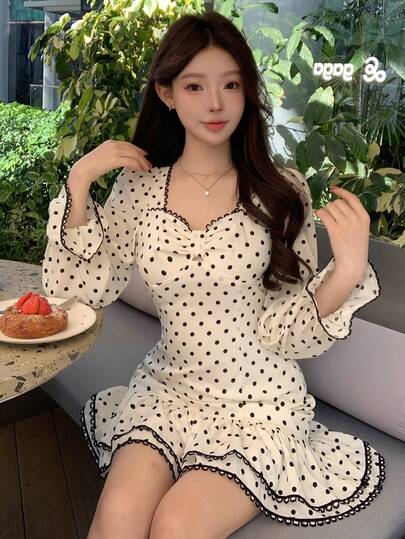 DAZY 女士优雅撞色蕾丝边方领泡泡袖波点迷你连衣裙，春夏婚礼宾客礼服