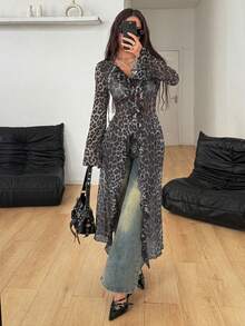 Coolane Women's Fall/All-Season Rave Renaissance Fair Hippie Music Festival Gyaru Mesh Straps Ruffle Ribbon Long Coat - Grey - View 4