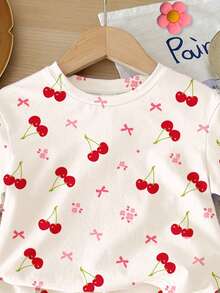 SHEIN 2pcs/Set Young Girl Casual Loose Fit Cherry, Floral, Bow Print Short Sleeve Round Neck T-Shirt And Skinny Cycling Shorts, Suitable For Spring/Summer Daily, Home, School, Outings - Multicolor - View 5