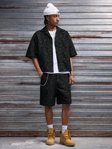AXEPEAK 男士腰果提花短袖单排扣衬衫和短裤套装 - 黑色 - 查看 7