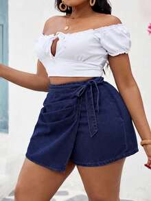 ICON Pantalones cortos de mezclilla de talla grande, pantalones cortos ajustados casuales con parches, azul - Azul lavado oscuro - Ver 6
