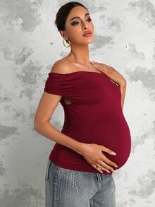 MaterniChic Maternity Clothes Maternity  Tops Summer Pregnant Clothes Red Maternity T-Shirt, Off-The-Shoulder, With Metal Buckles, Romantic And Perfect For Dates, Highly Elastic And Elegant - Red - View 7