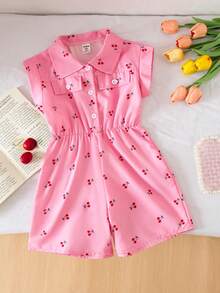 Young Girl' Cute Pink Cherry Print Collared Short Sleeve Romper, Casual & Versatile, Spring/Summer New Arrival - Pink - View 4