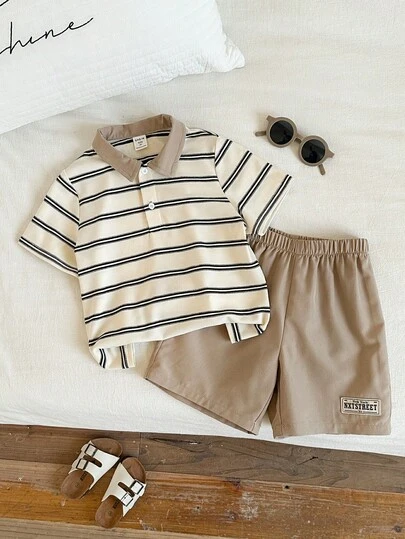 SHEIN 2pcs/Set Young Boy Summer Casual Cute Contrast Stripe Polo Collar Short Sleeve Top And Elastic Waist Shorts Set, Suitable For Birthday Party, Rave, Evening Party, Performance, Wedding Boy Casual Sets Boy Stripe Outfit Boy Summer Outfit Set