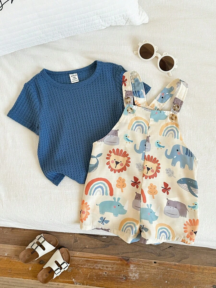 SHEIN 2pcs/Set Baby Boy/Unisex Casual Knit Navy Blue Short Sleeve T-Shirt With Cartoon Lion Print & Bib Pants Romper Set, Summer 2pcs Set Toddler Baby Casual Sets Toddler Sets Summer - Multicolor - View 1