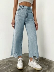 EURMUSE Jeans anchos casuales de algodón 100% con bolsillos rasgados en diagonal - Lavado ligero - Ver 4