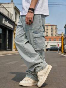 HIMLAND Men's Casual Loose Straight Leg Jeans With Pockets, Cargo Style Style Men Wide Leg Jean Baggy Cargo Jeans Men S Loose Straight Leg Casual Pants Cargos For Men - Light Wash - View 4