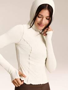 GLOWMODE Áo thun dài tay có mũ, dài đến eo, dáng regular fit, chất liệu gân nổi, chống nắng, viền ren ở gấu áo, có lỗ xỏ ngón tay cái, thích hợp mặc hàng ngày. - trắng - Xem 5