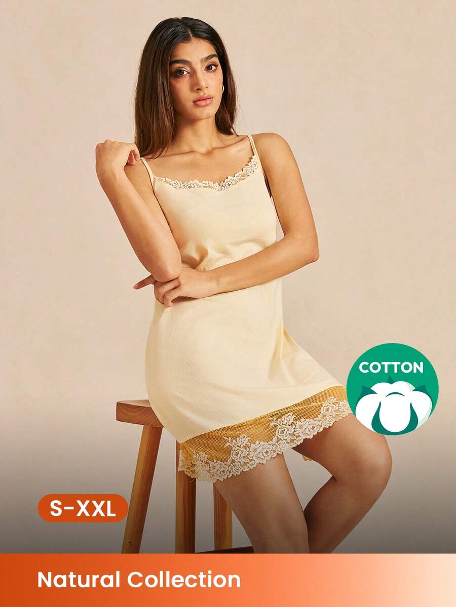 LUVLETTE 柔软 100% 纯棉 奢华蕾丝领口细节吊带睡裙内衣 - 黃色 - 查看 1