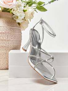 SHUZIA #PartyGlam Women's Square-Toe Sculpted-Heel Cushioned Insole Rhinestone Knot-Strap Silver Dress Sandals – Sparkly, Chic & Elegant Valentine's Day - Silver - View 7