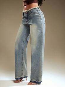 Denimoi 低腰毛边直筒牛仔裤 性感牛仔裤 Y2K 时尚低腰牛仔裤 - 淺色水洗藍 - 查看 4