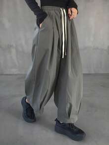 女士纯色深灰色褶裥阔腿裤，松紧腰带配撞色抽绳，宽松休闲百搭长裤 - 深灰色 - 查看 5