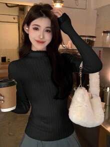 DAZY 女士纯色韩版蕾丝拼接长袖休闲毛衣 - 黑色 - 查看 2
