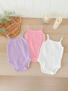 SHEIN LMoss Kids LMoss 3件套新生儿女宝宝可爱白色针织吊带连体衣套装，夏季款 - 彩色 - 查看 2