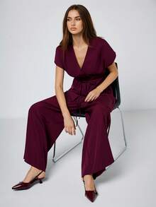 SHEIN Maija Women's Solid Color Minimalist Daily Short Sleeve Top And Pants Suit Pant Suit Summer Sets Co Ord Set Women - Burgundy - View 6