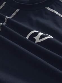 AXEPEAK 男士撞色滚边印花休闲圆领长袖T恤 - 寶藍色 - 查看 5