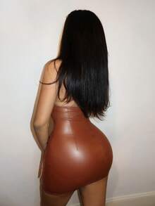 Slaydiva 2025秋冬新款优雅性感派对棕色修身PU材质金属丝环领女士迷你连衣裙，适合聚会、派对、夜店、新年、节日、圣诞节、约会、日常出行、旅游、购物、机场穿搭、早午餐穿搭、婚礼宾客穿搭、生日派对、年会、宴会等场合。 - 棕色 - 查看 12