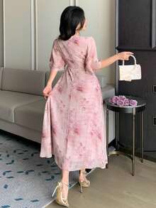 DAZY 女士优雅碎花V领荷叶袖连衣裙，夏季婚礼宾客礼服 - 粉色 - 查看 2