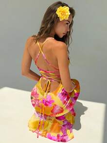 Aloruh 女士优雅橙红色花卉度假风全印花露背吊带连衣裙，适合海滩、度假村、郊游、旅行，时尚别致 - 白色 - 查看 8
