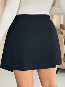 Vionelle 加大码纯黑色不对称下摆开衩半身裙，时尚百搭，适合日常通勤和办公穿着。 - 藏蓝色 - 查看 2