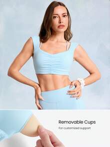 GLOWMODE FeatherFit™ Flex And Flow 二合一超柔软弹力宽肩带全腋下包覆聚拢运动文胸，适合低强度瑜伽、普拉提、健身房、日常休闲穿着，可拆卸胸垫 - 藍色 - 查看 5