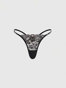 ROMWE 1 chiếc quần lót G-string nữ kiểu Gothic ren hoa đính đá. - màu đen - Xem 2