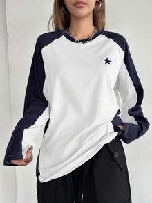 DAZY Áo thun Raglan dài tay in họa tiết ngôi sao năm cánh màu tương phản dành cho nữ, Quần áo mùa thu, Quần áo trở lại trường - Xanh và trắng - Xem 3