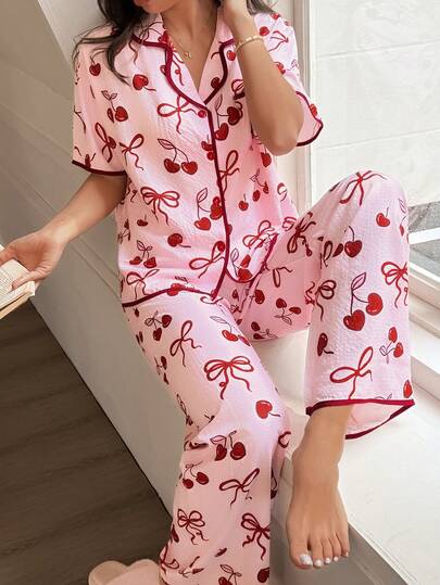 Dream Adore 撞色滚边领口爱心樱桃印花短袖睡衣套装（女士款）