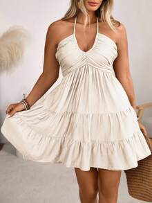 Ceyna Plus Size Boho Halter Neck Ruffle Hem Apricot Cami Dress Vacation Outfit - Apricot - View 5