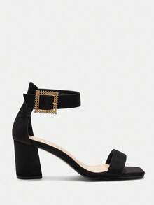 CUCCOO CURVES Women's Square Toe Buckle Design Fashionable Elegant High Heel Sandals - Black - View 2