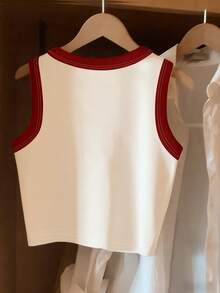 Top de tirantes con cuello redondo y estampado con ribete de color contrastante - Blanco - Ver 2