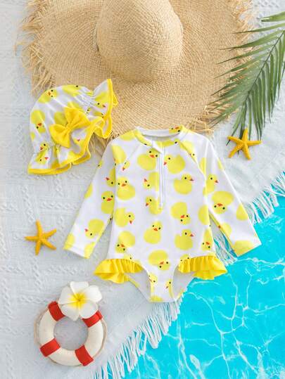 SHEIN 1件男婴休闲学院风舒适时尚简约百搭柔软卡通可爱图案连体泳衣，适合度假、春夏穿着