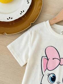 SHEIN 2pcs Baby Girl Knitted Crew Neck Cute Cat Pattern Casual T-Shirt And Shorts Set - Multicolor - View 4