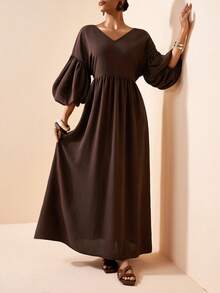 Zivah 2026 Spring/Summer New Music Festival, Easter, St. Patrick's Day, Valentine's Day, Date, Western, Nomadic, Birthday Party, Graduation, College, Student, Daily Wear, Basic Versatile, Casual, Vacation, Cruise Travel, Beach, Sunbathing, Viral , Streetwear, Wedding Guest Boho, Commute, Brunch, Airport, Party, Holiday Outing, Office Wear V-Neck 3/4 Sleeve Puff Sleeve Long A-Line Super Loose Linen Brown Maxi Dress - Brown - View 7