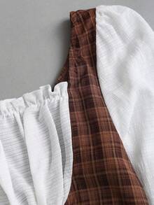 Sweetra French Retro Brown Plaid 2 In 1 Collared Design Tie-Up Fitted Long Sleeve Blouse, Spring/Autumn Women - Multicolor - View 6