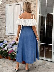 SHEIN Maternity Summer Casual Color Block Off Shoulder Denim Jumpsuit Dress