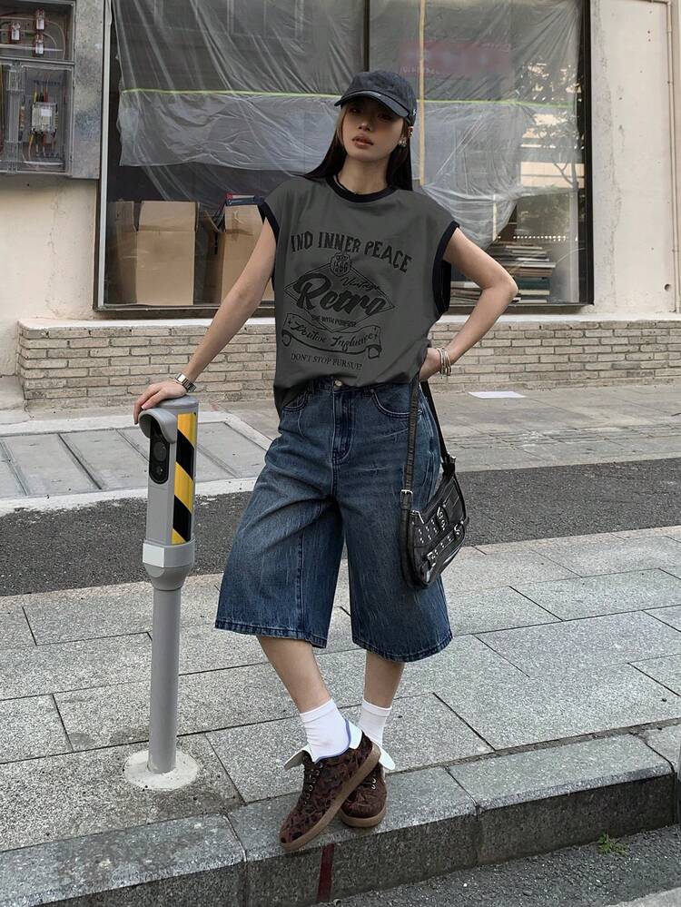 Women's Round Neck Letter Print Casual Loose Versatile Tank Top Oversize T Shirt Women