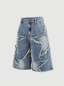 SHEIN Quần short denim dáng lửng in hình ngôi sao Y2K dành cho nữ tuổi teen, phong cách thường ngày năng động và thời trang, phù hợp đi học, dạo phố, mùa xuân hè. - Rửa nhẹ - Xem 6