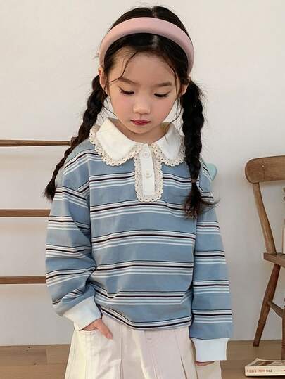 DAZY Girls (Small) Lapel Striped Korean Style Casual Lace Patchwork Long Sleeve T-Shirt, Spring/Autumn